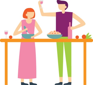 Young couple enjoying a moment together in a modern kitchen, mixing fresh ingredients in a bowl while sipping wine at a high table, creating a delightful meal and celebrating their love vector