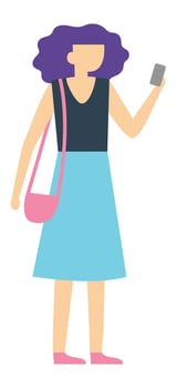 Full length illustration of a young woman with purple hair holding a smartphone in one hand and a pink bag over her shoulder, suggesting a casual and connected lifestyle vector
