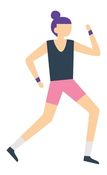 Young sporty woman with purple hair, wearing pink shorts and dark tank top is running, practicing jogging for fitness and health, isolated on white background vector