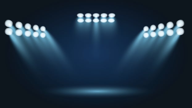 Blue stadium spotlight background featuring bright beams and empty stage perfect for sports events concerts presentations performances and modern digital designs vector