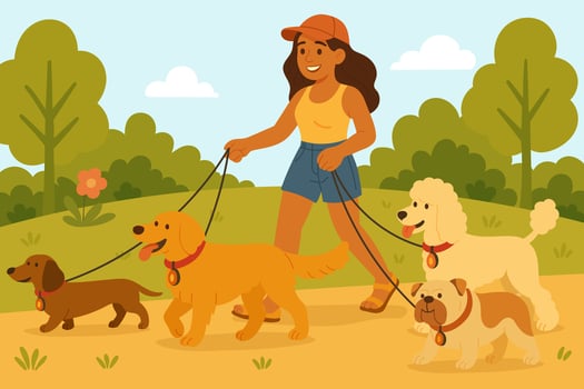 Professional Summer dog walker in casual clothes walking four dogs in sunny green park on a hot day vector