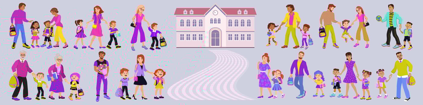 Families walking to school together vector