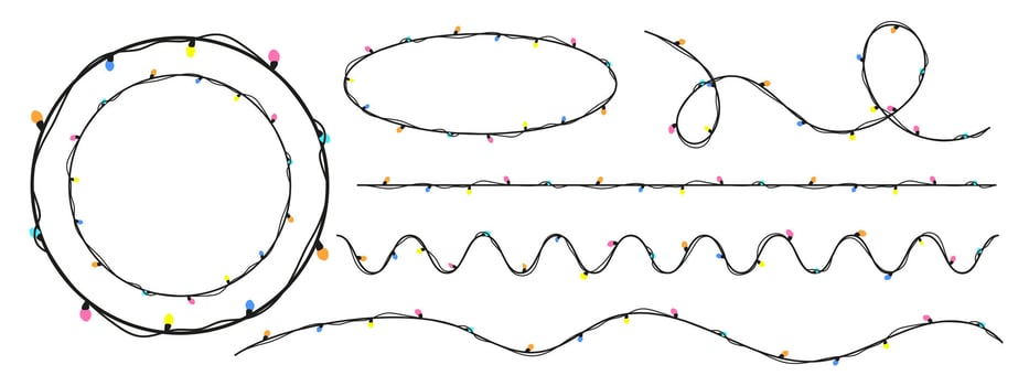 Christmas colorful string lights garlands set. Hand-drawn doodle illustration in flat cartoon style. Perfect for winter, New Year, holiday and birthday event designs. Festive and cheerful. vector