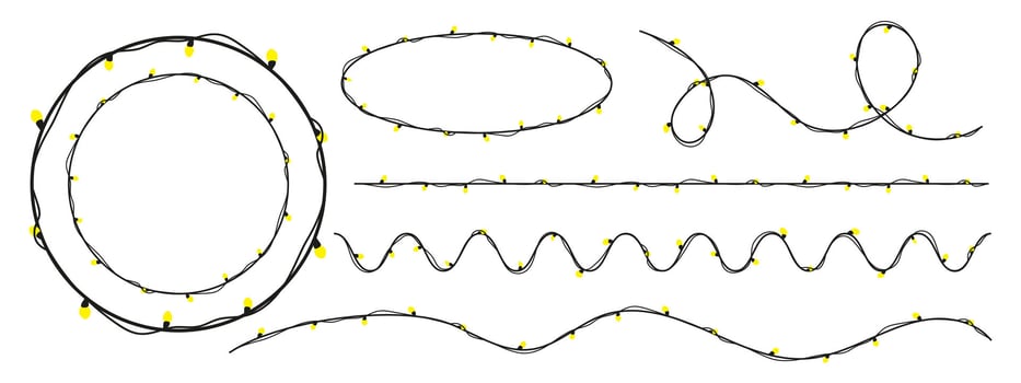 Christmas themed curly garlands with bright yellow star lights. Hand-drawn doodle style perfect for New Year, winter holidays, and birthday flat cartoon designs. Festive and cheerful decoration. vector