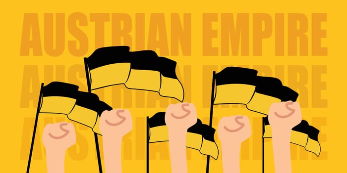 hand with flag of the Austrian Empire or Austrian Empire independence day illustration of Austrian Empire flag with yellow background banner or greeting card vector