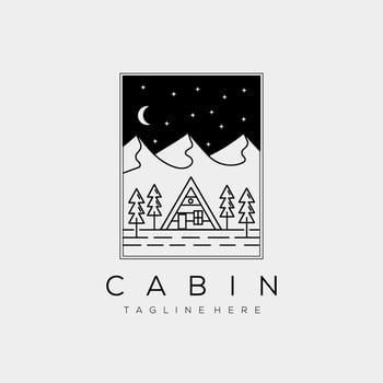 night cabin rental minimalist line art badge logo template illustration design. simple cottage, house, home, real estate, travel logo concept vector