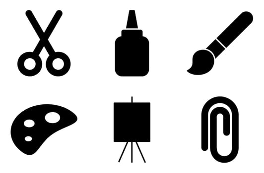 Drawing and Crafting Solid Icon Set, such as painting tools, scissors, glue, and paper items vector