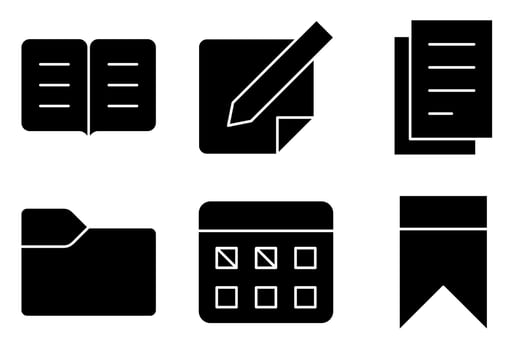 Books and Paper Materials Solid Icon Set, such as book, writing paper, paper, folder, class schedule, and bookmark vector
