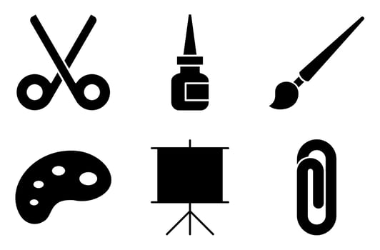 Solid Art Supplies Icon Set, such as art easel, paint palette, glue, and paper clip vector