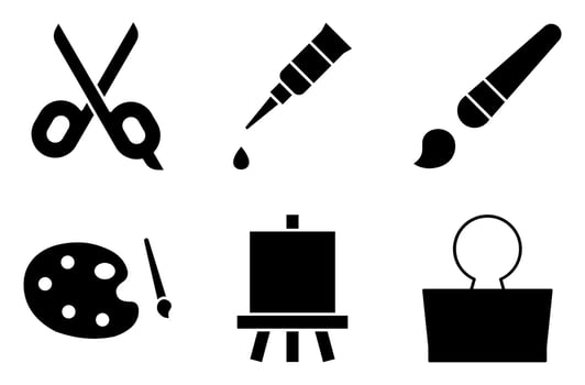Creative Tools Solid Icon Set, such as paintbrush, scissors, glue, paper clip, and paint palette vector