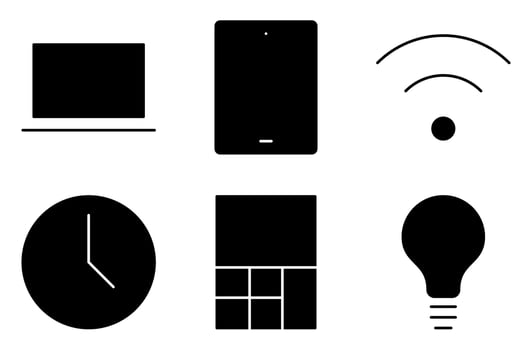 Educational Technology Solid Icon Set, such as laptop, tablet, WiFi, clock, calculator, and lightbulb vector