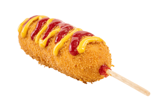 Crispy golden corndog served on a stick with mustard and ketchup on a transparent background. Perfect for snack illustrations in format. png