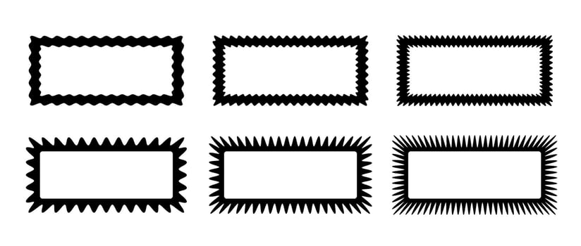 Zig zag edge rectangle frames collection. Jagged rectangular borders set. Black graphic design elements for decoration, banner, poster, template, sticker, badge. vector