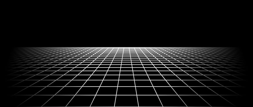 Fading wireframe grid. Vanishing checkered tile floor landscape. Disappearing horizontal chessboard plane in perspective. Black and white flat lattice surface background. vector