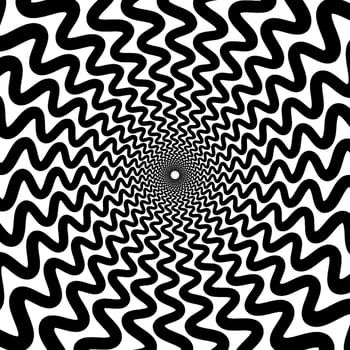Optical illusion background. Black and white abstract distorted wavy lines surface. Radial waves poster design. Torsion spiral illusion wallpaper. Ornamental illustration vector