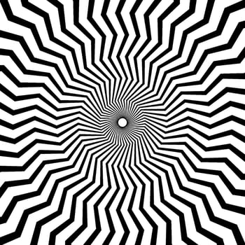 Optical illusion background. Black and white abstract distorted zigzag lines surface. Radial wave poster design. Hypnotic spiral illusion wallpaper. vector