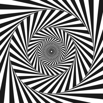 Radial optical illusion background. Black and white abstract lines surface in circles. Poster, banner, template design. Spinning and rotating spiral or vortex illusion wallpaper. Opt art vector