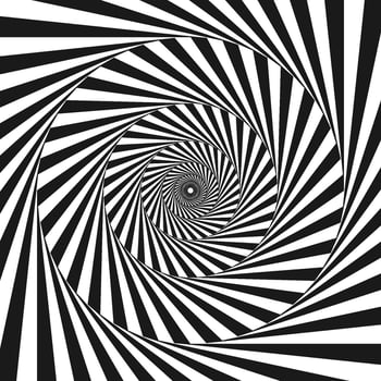 Radial optical illusion background. Black and white abstract lines surface in circles. Poster, banner, template design. Spinning spiral or vortex illusion wallpaper. Opt art illustration vector