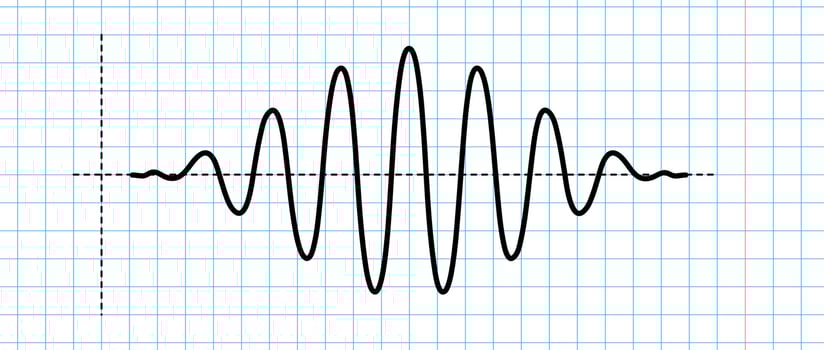 Sinusoid impulse signal on blue grid paper. Black curve sound wave on checkered paper. Voice or music audio concept. Pulse line in school notebook. Sine electronic radio graphic. vector