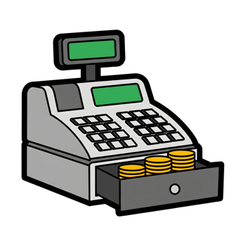 Gray Cash Register with Open Drawer and Gold Coins icon isolated on a transparent background png