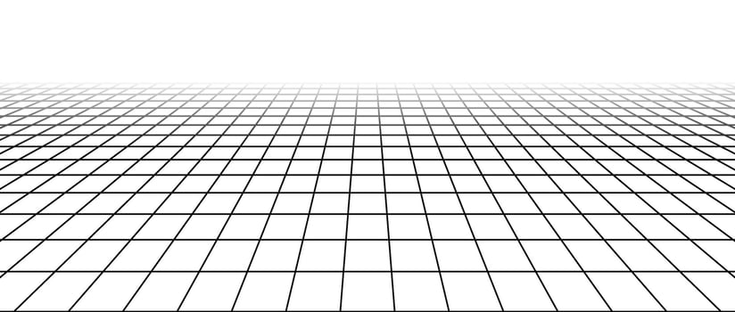 Abstract flat wireframe grid. Vanishing checkered floor landscape. Horizontal chessboard plane fading in perspective. Black and white lattice surface background. vector