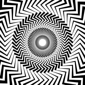 Optical illusion background. Black and white abstract distorted zigzag lines surface. Radial jagged poster design. Hypnotic spiral illusion wallpaper. vector