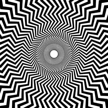 Optical illusion background. Black and white abstract distorted zigzag lines surface. Radial wave poster design. Hypnotic illusion wallpaper. vector