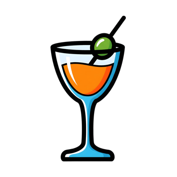 Orange Cocktail Drink in Blue Glass with Olive Garnish isolated on a transparent background png