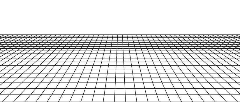 Abstract flat wireframe grid. Checkered floor landscape. Horizontal chessboard plane in perspective. Black and white lattice surface background. vector