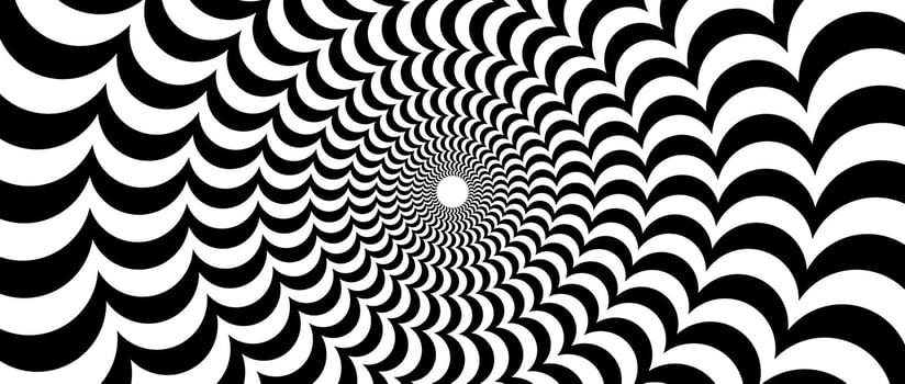 Radial optical illusion background. Black and white abstract semi circles surface. Poster, banner, template design. Spinning and rotating arc spiral illusion wallpaper. Horizontal illustration vector