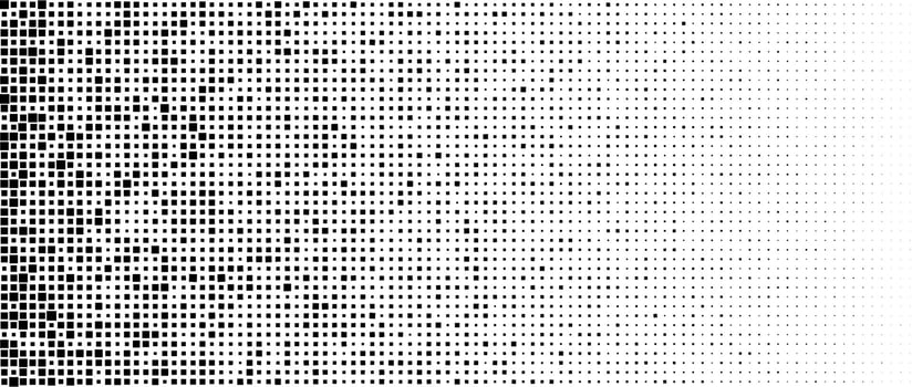 Halftone pixelated gradient background. Faded square particles texture. Dissolving grunge noise wallpaper. Black dots, speckles, pixels, specks wallpaper. Horizontal gritty backdrop vector