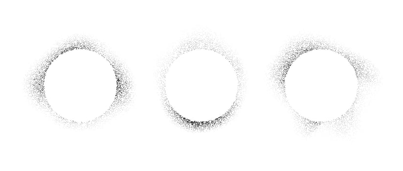 Circle frames collection with spray stencil effect. Grunge dotted round border shadow set. Faded noise texture radial shape bundle. Splattered elements for text box, banner, poster, template. vector