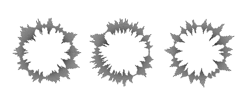 Radial sound waves collection. Round music equalizer bar set. Black audio chart pack. Abstract circle radio and voice signal symbol or icon for podcast, app, player. Element bundle. vector