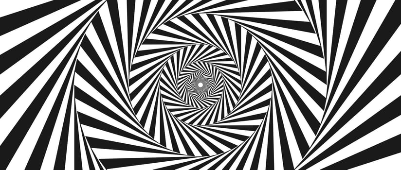Radial optical illusion background. Black and white abstract rotating lines in circles. Poster, banner, template design. Spinning spiral or vortex illusion wallpaper. Horizontal opt art surface vector