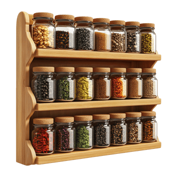 Wooden Spice Rack With Assorted Jars Of Grains And Spices Transparent Background png