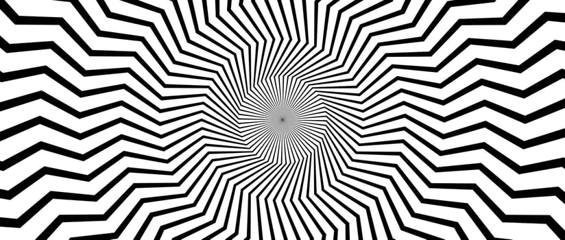 Optical illusion background. Black and white abstract zigzag lines surface. Radial sunburst poster design. Hypnotic illusion wallpaper. Horizontal ornamental illustration vector
