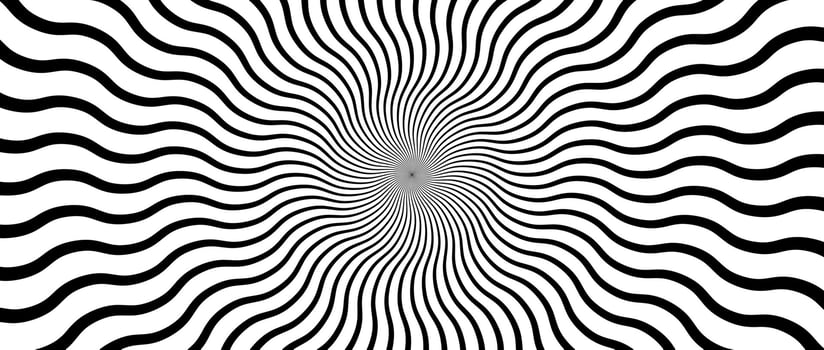 Optical illusion background. Black and white abstract distorted wavy lines surface. Radial waves poster design. Hypnotic ornamental horizontal wallpaper. Op art illustration vector