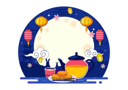 Mid-Autumn Festival Celebration with Rabbits Holding Lanterns and Mooncakes Under the Full Moon vector