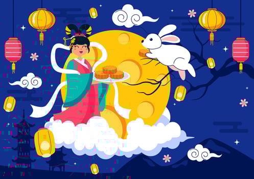Flat of Mid-Autumn Festival with Rabbits, Paper Lanterns, and Festive Mooncakes vector