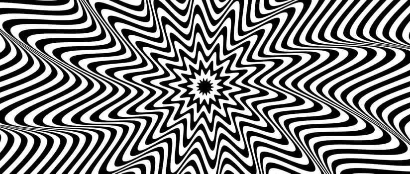 Radial optical illusion background. Black and white abstract wave lines surface. Poster design. Concentric spinning and rotating spiral illusion wallpaper. Op art illustration vector