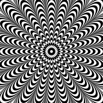 Optical illusion background. Black and white abstract distorted wave lines surface. Poster design. Radial wavy illusion wallpaper. vector