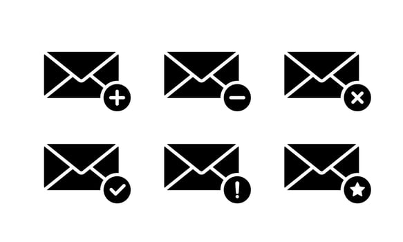 Email envelope icon set with status badges. Includes plus, minus, delete, confirm, warning, and star symbol vector