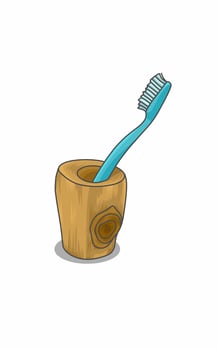 A blue toothbrush in a wooden cup issolated on white. Toiletries vector