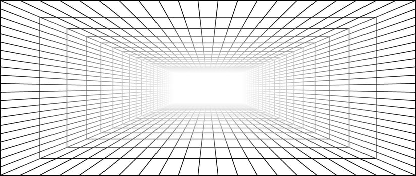 Wireframe grid room. 3d perspective background. Futuristic digital outline space. Black and white geometric design template vector