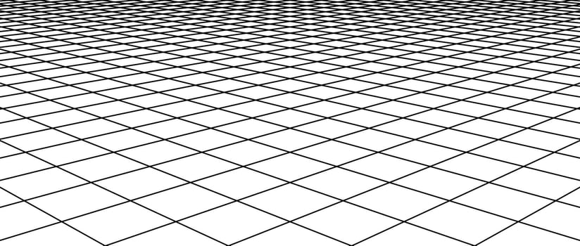 Diagonal wireframe grid. Checkered tile floor landscape. Horizontal chessboard plane in perspective. Black and white flat lattice surface background. vector