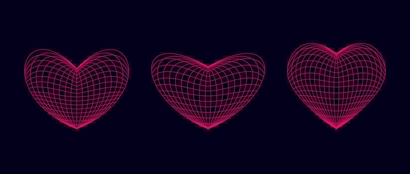 Pink wireframe heart shapes set. grids. Grid design element. Love or cardiology concept for posters, templates, flyers, banners. Illustration pack vector