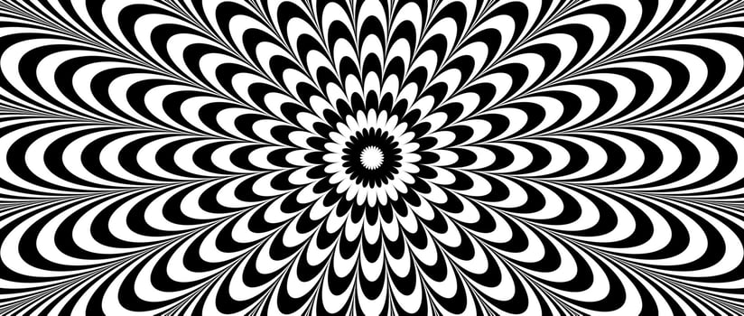Radial optical illusion background. Black and white abstract wave lines surface. Poster design. Concentric repeating flower illusion wallpaper. Op art illustration vector