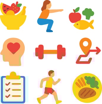 A collection of flat icons depicting various aspects of a healthy lifestyle, including fruit, exercise, and nutrition. vector