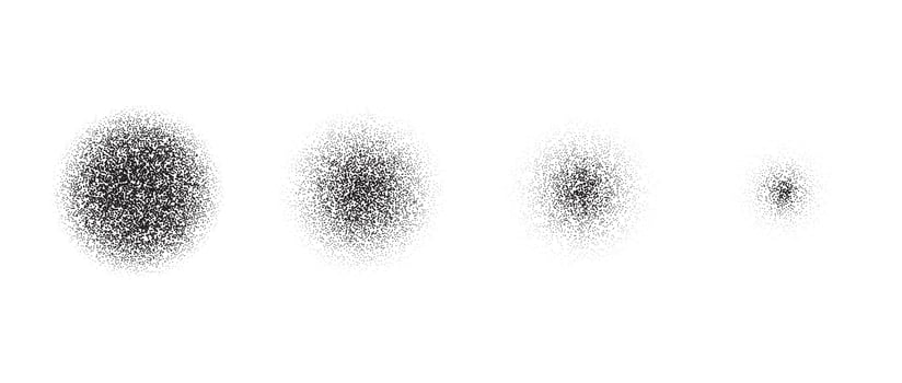 Set of vanishing stippled circle texture. Black disappearing dotted gritty round element collection. Fading noise grain dot work shapes. Half tones and shadows affect illustration bundle. vector