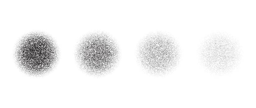 Set of circle stippled texture. Black dotted gritty round element collection. Fading noise grain dot work shapes. Vanishing half tones and shadows effect illustration bundle. vector